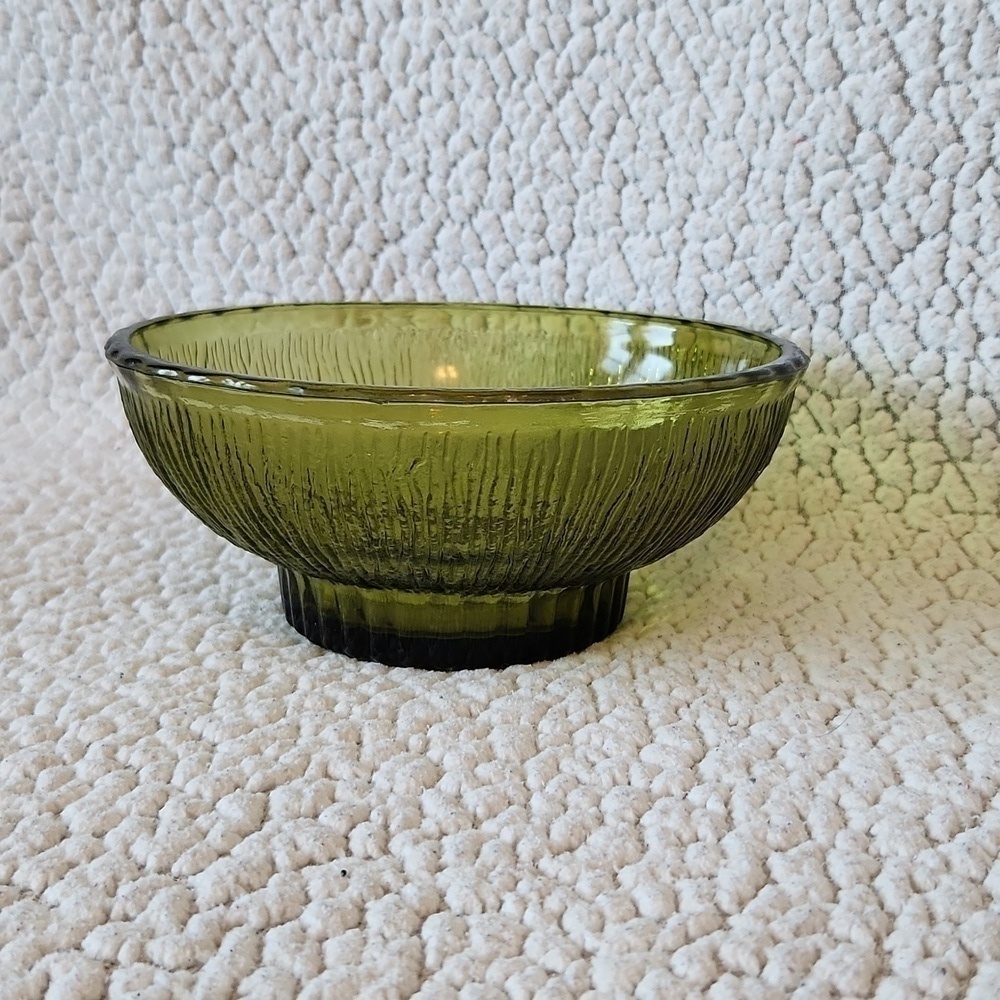 Vintage 1975 texture glass trinket bowl jade green heavy weight candle holder